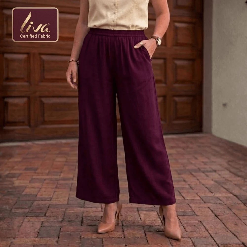 women cotton rayon palazzo pants maroon wide leg trousers elastic waist drawstring free size breathable summer casual wear with pocket stylish loose fit pants for kurti tops office lounge wear zarivaa