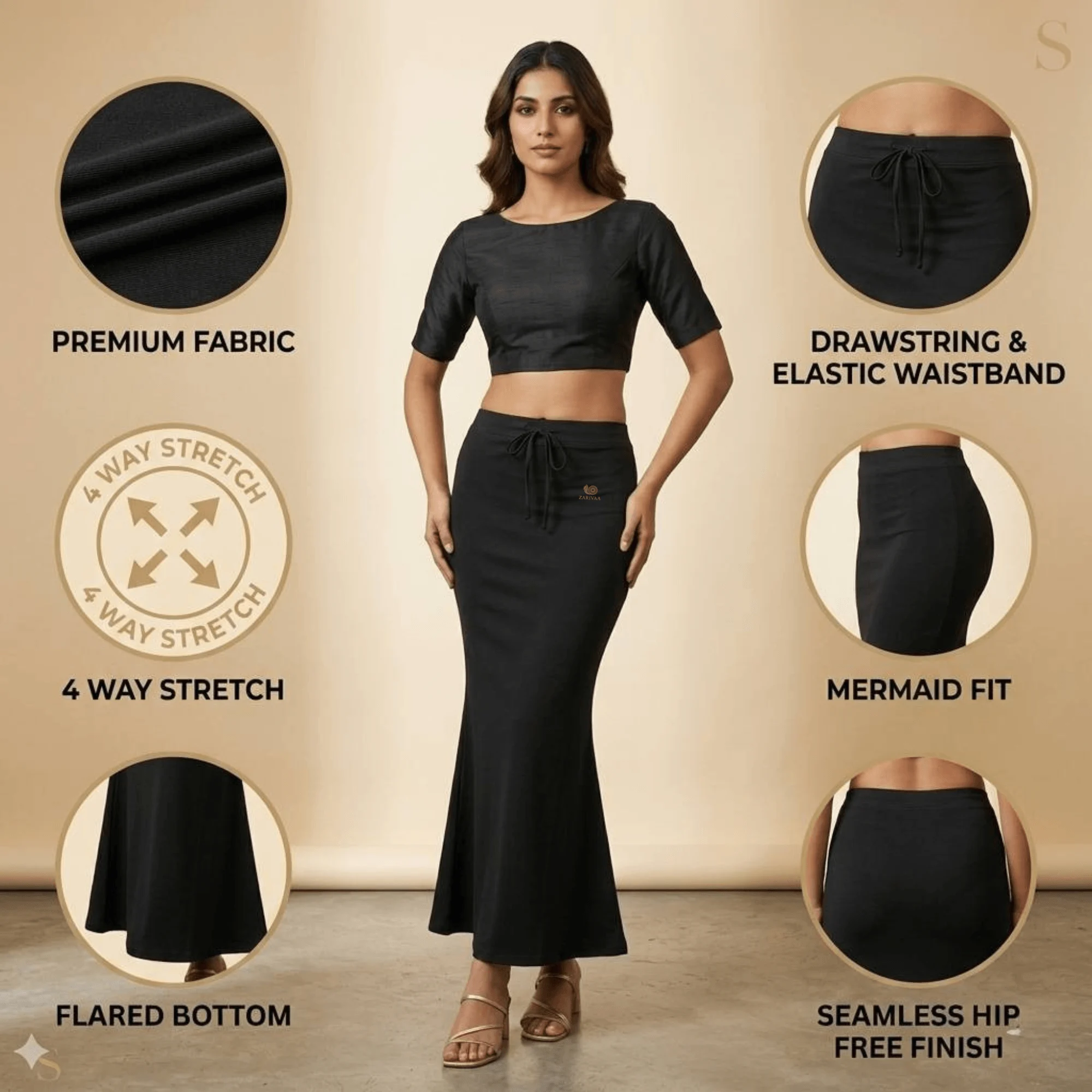 zarivaa saree shapewear petticoat -Black - Image 8