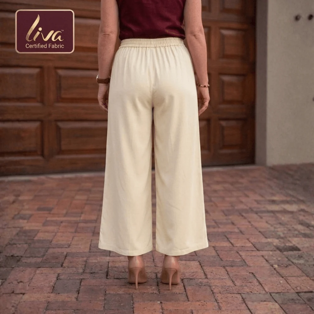 women cotton rayon palazzo pants back view beige wide leg trousers elastic waist free size breathable summer palazzo loose fit casual wear for kurti tops lounge office wear zarivaa