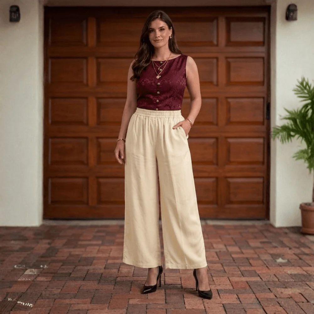 Zarivaa Cotton Rayon Palazzo Pant , Liva certified Fabric - Cream - Image 7