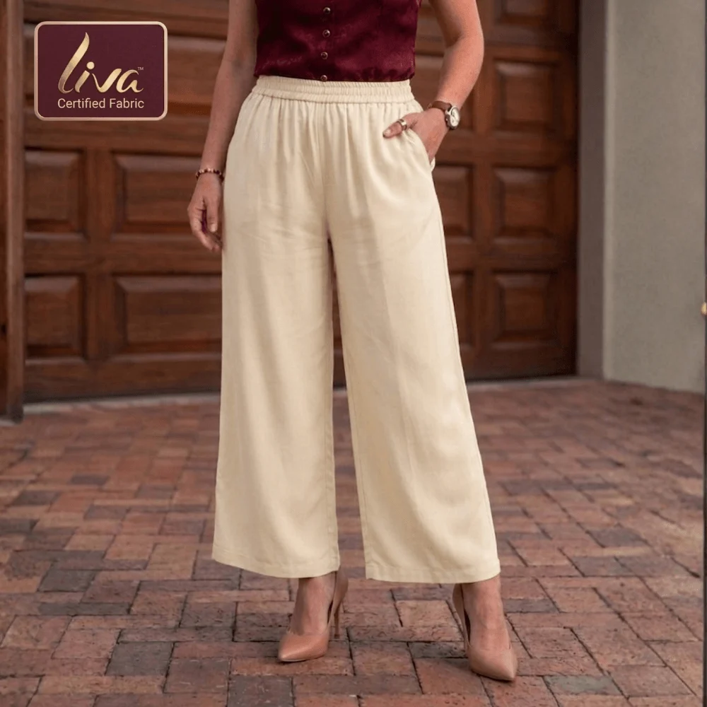 women cotton rayon palazzo pants beige wide leg trousers elastic waist drawstring free size summer breathable casual wear with pocket stylish loose fit pants for kurti tops office lounge wear